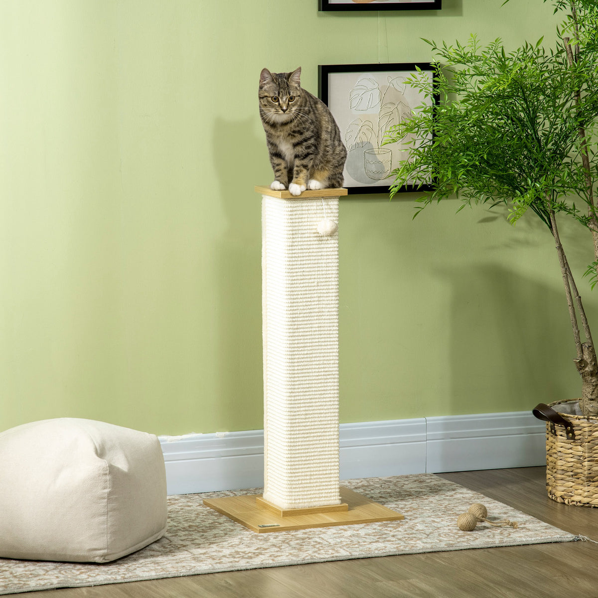 80cm Scratching Post, with Toy Ball, Sisal Rope - White