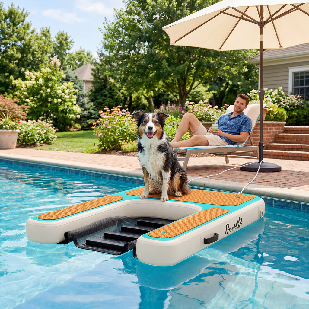 Aufblasbare Hunde Wasserrampe Hunderampe Pool 151x102 cm Tragbares Hundeboot mit Rutschfester EVA-Oberfläche Orange