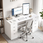 Schreibtisch 140 cm mit 8 Schubladen, moderner Bürotisch mit Stauraum, weiße Holzoptik