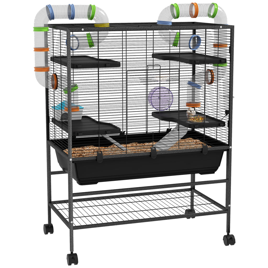 Large Hamster Cage, Gerbil Cage with Tubes, Storage Shelf, Ramps, Platforms, Running Wheel - Black