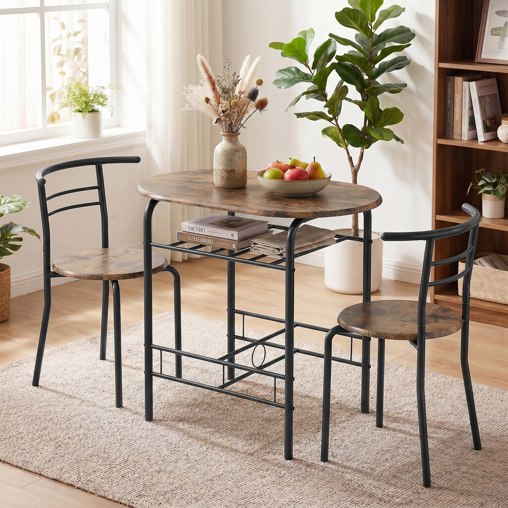 Essgruppe 3-teilig, Küchentisch und Stühle für 2 Personen mit Regal, Wohnzimmer, Rustikal-Braun Holz-Optik