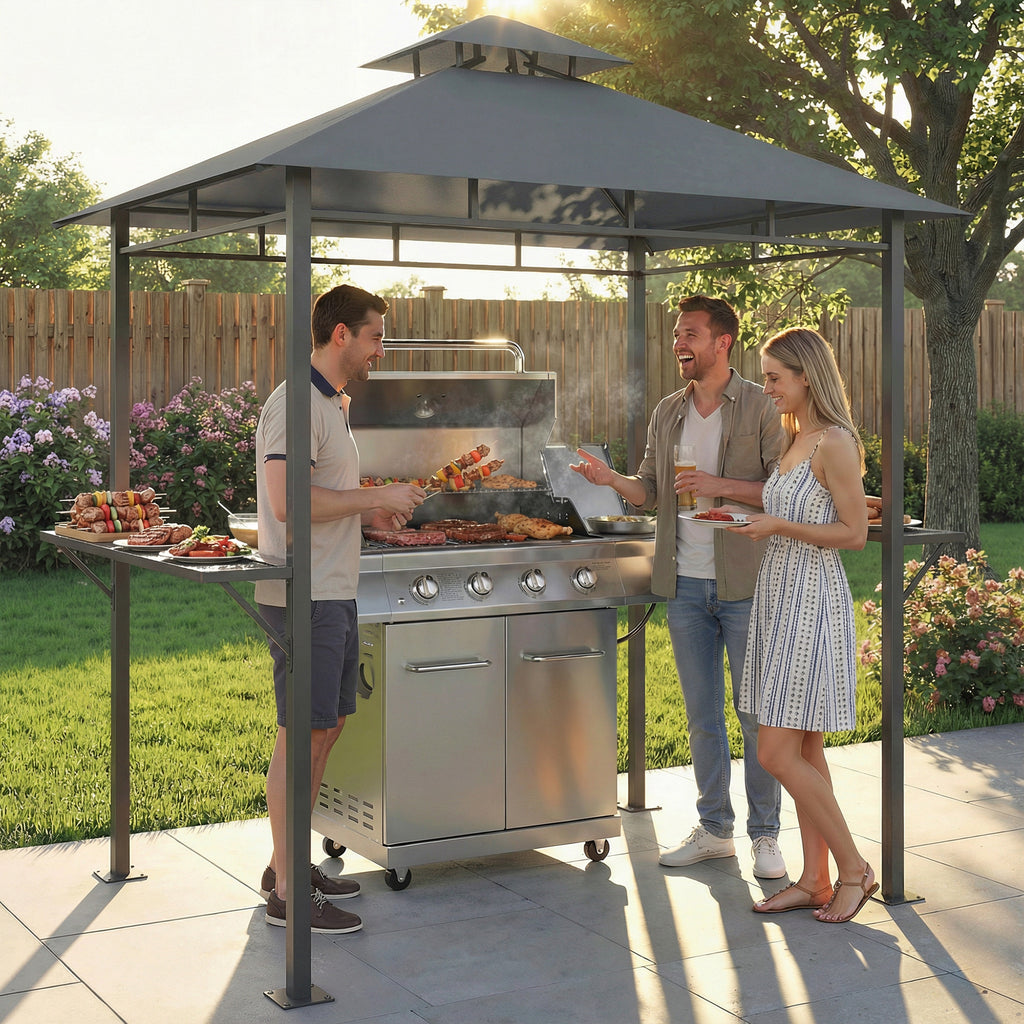 Grillpavillon 2,4 x 1,4 m, Windfest Grillüberdachung mit Doppeldach Lüftungsöffnung Seitenregalen