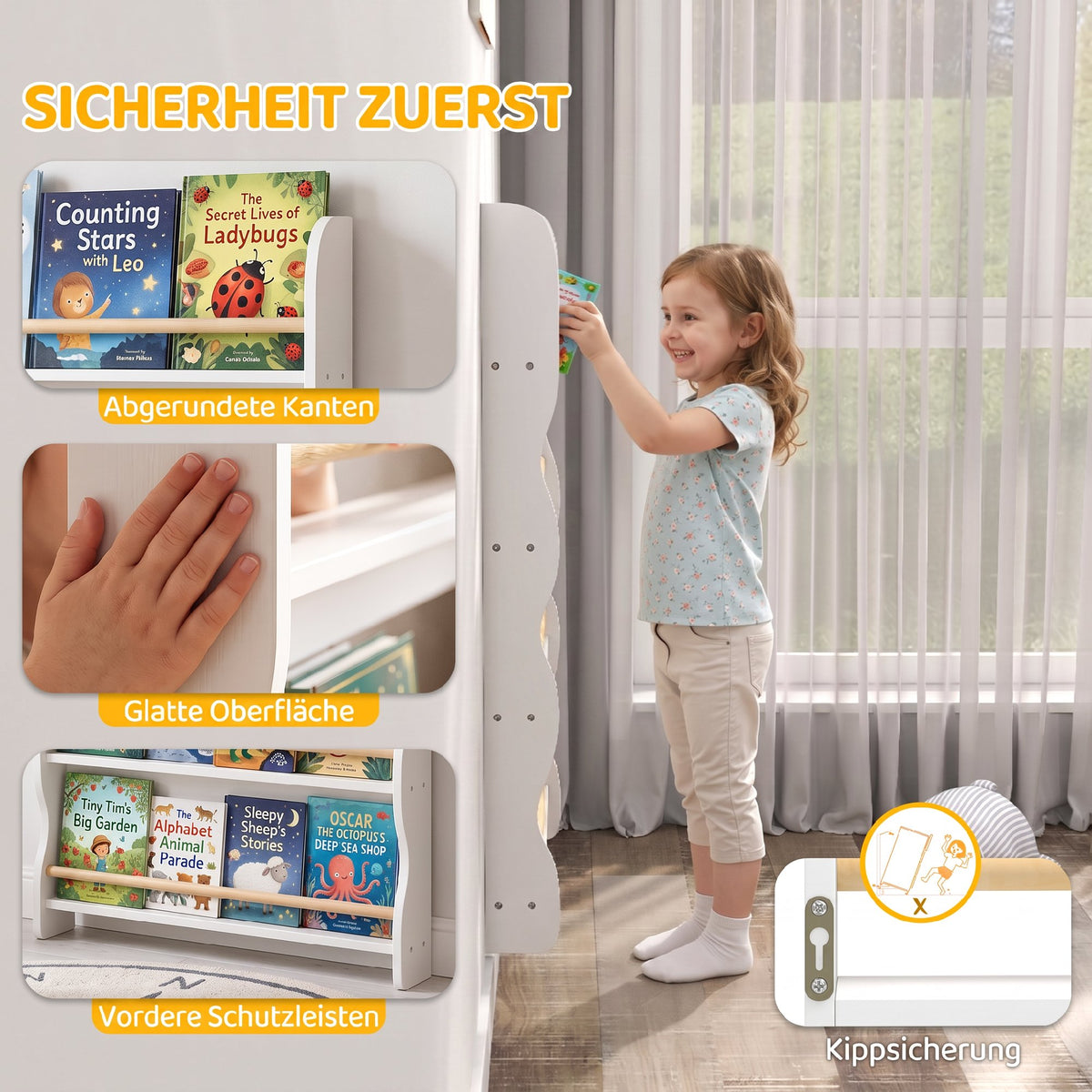 Bücherregal Kinder Wandregal mit Kippschutz 60 x 10 x 98 cm Weiß
