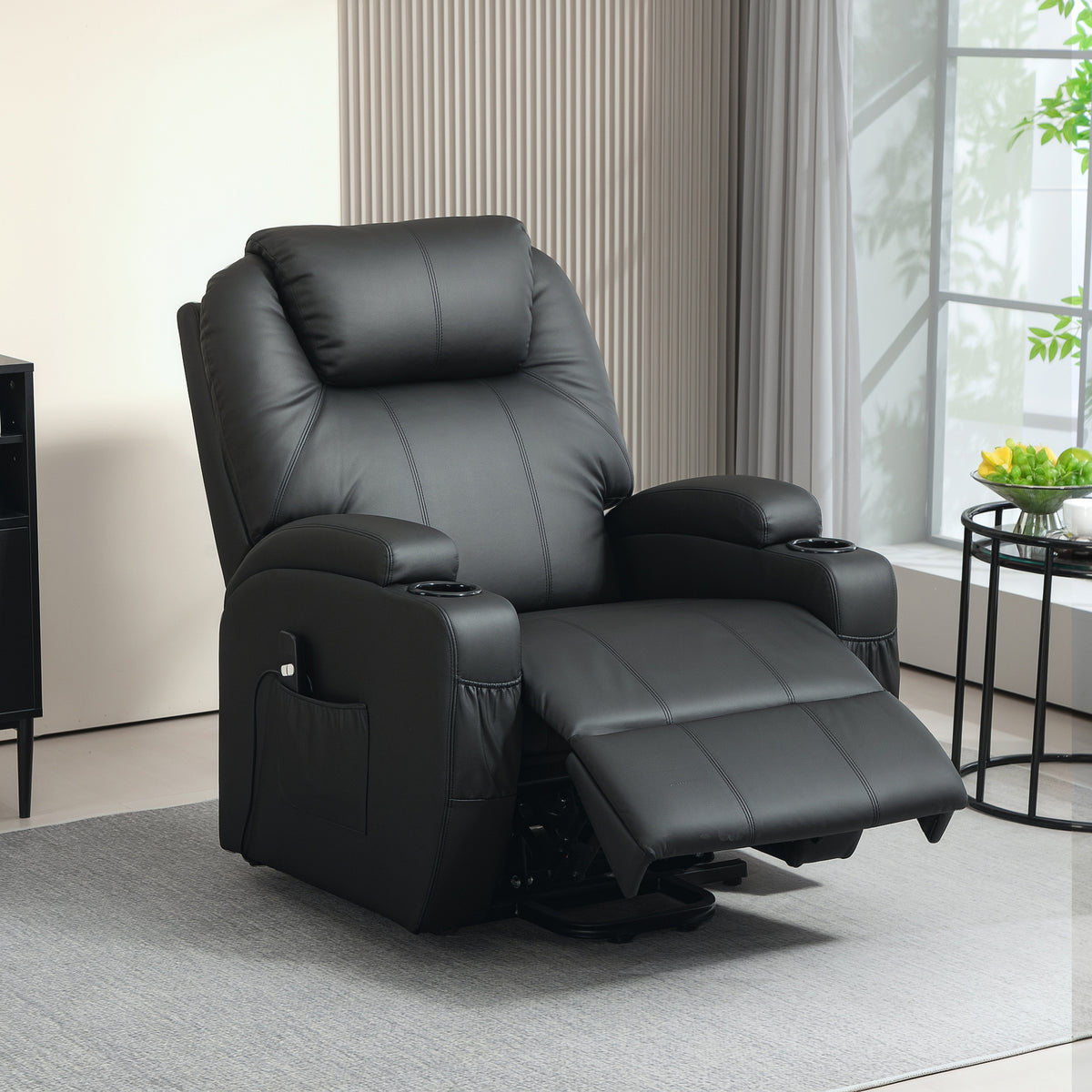 Fernsehsessel mit Aufstehhilfe Elektrisch Relaxsessel mit Liegefunktion, Fernbedienung TV-Sessel mit Becherhalter Seitentasche Fu?teil Kunstleder Schwarz