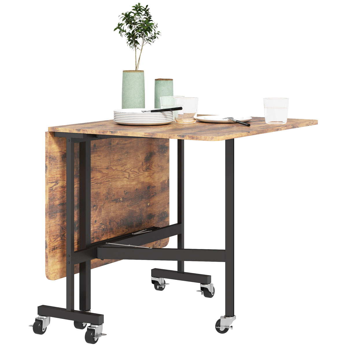 Six-Seater Drop-Leaf Dining Table, with Wheels - Brown Wood-Effect