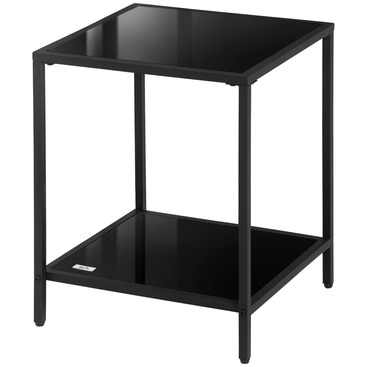 Tempered Glass Side Table with Storage, Modern 2-Tier Bedside Table with Steel Frame, Black