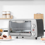 Mini Backofen 10 L 750W 100-230℃ 60 Min. Timer mit Backblech, Grillrost und Herausnehmbarer Bodenschale, Pizza-Ofen Silber