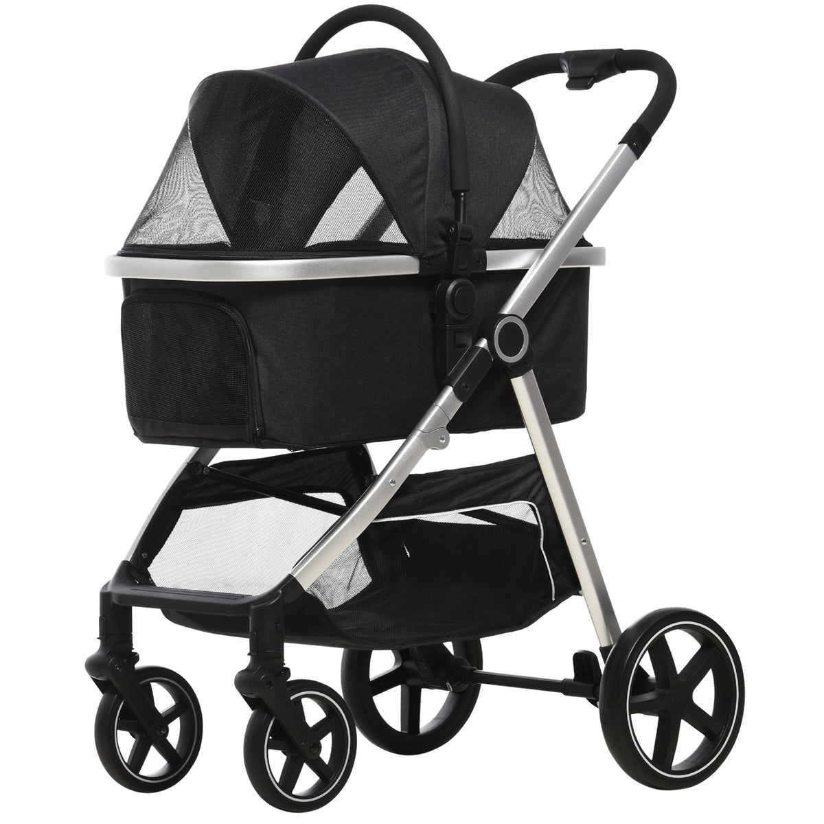 3-IN-1 Hundebuggy Haustierbuggy Hundebuggy, inkl. Kissen, klappbar, 1 Aufbewahrungskorb, 83 cm x 58 cm x 102 cm, Schwarz