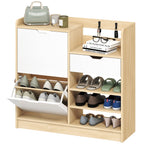 Schuhregal f¨¹r Flur, Schuhschrank mit Kippschubladen, offenen Regalen, 4 Haken, f¨¹r bis zu 14 Paar Schuhe, Natur