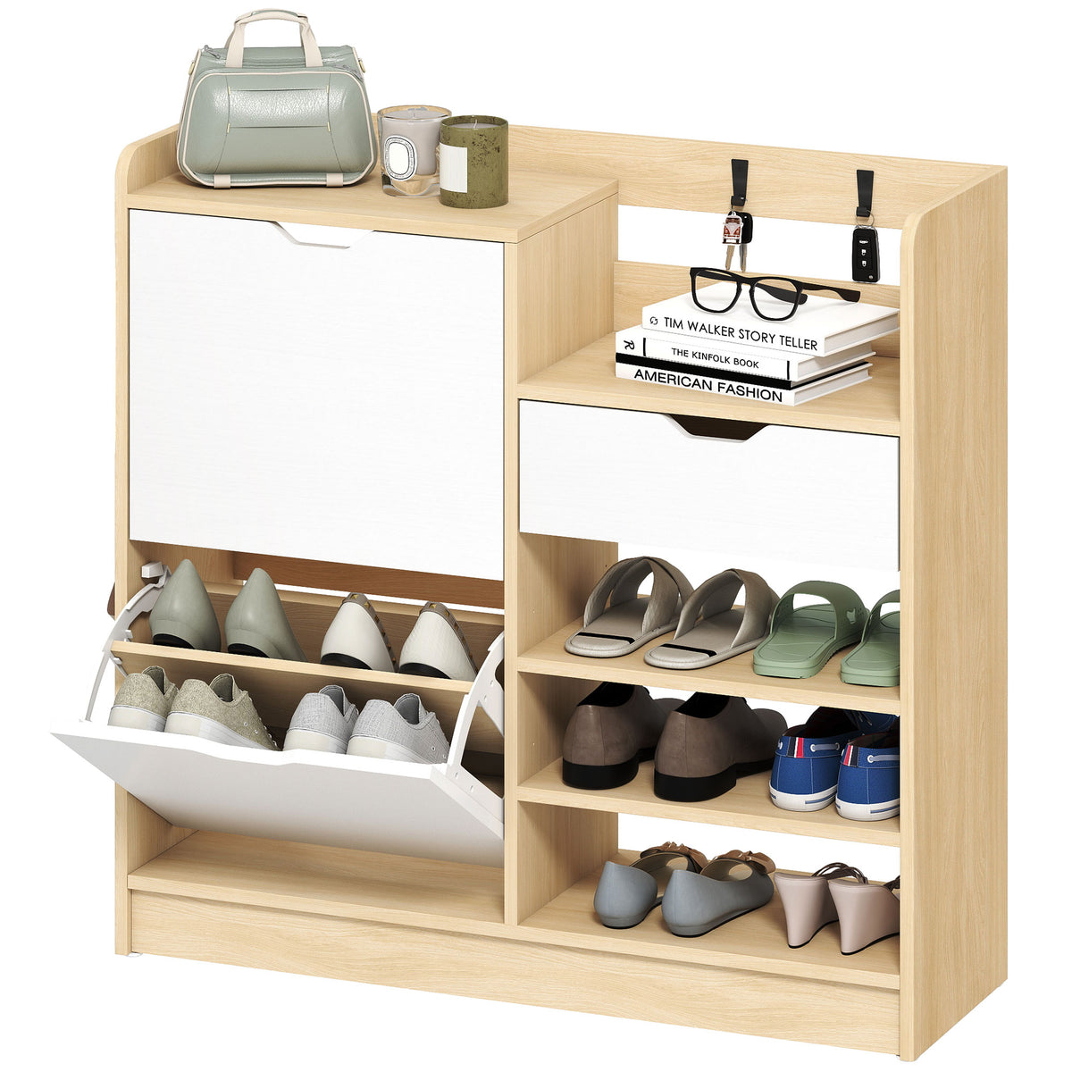 Schuhregal f¨¹r Flur, Schuhschrank mit Kippschubladen, offenen Regalen, 4 Haken, f¨¹r bis zu 14 Paar Schuhe, Natur