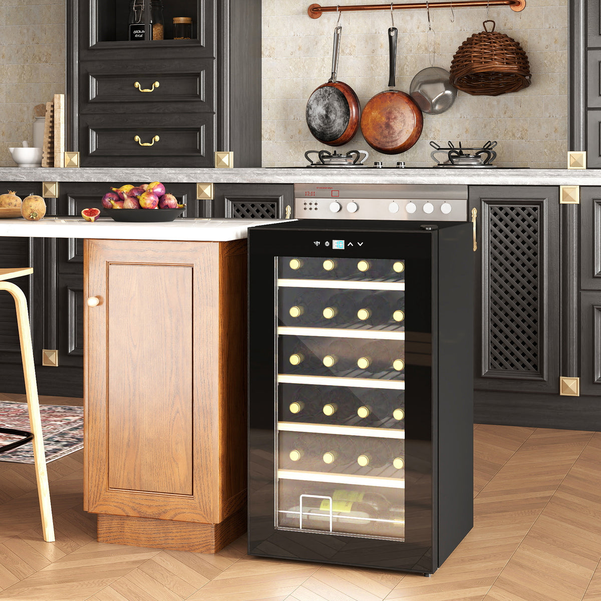 Weinkühlschrank für 24 Flaschen, einstellbare Temperatur 5 bis 20° C, LED-Beleuchtung, schwarz, 43 x 45 x 75 cm