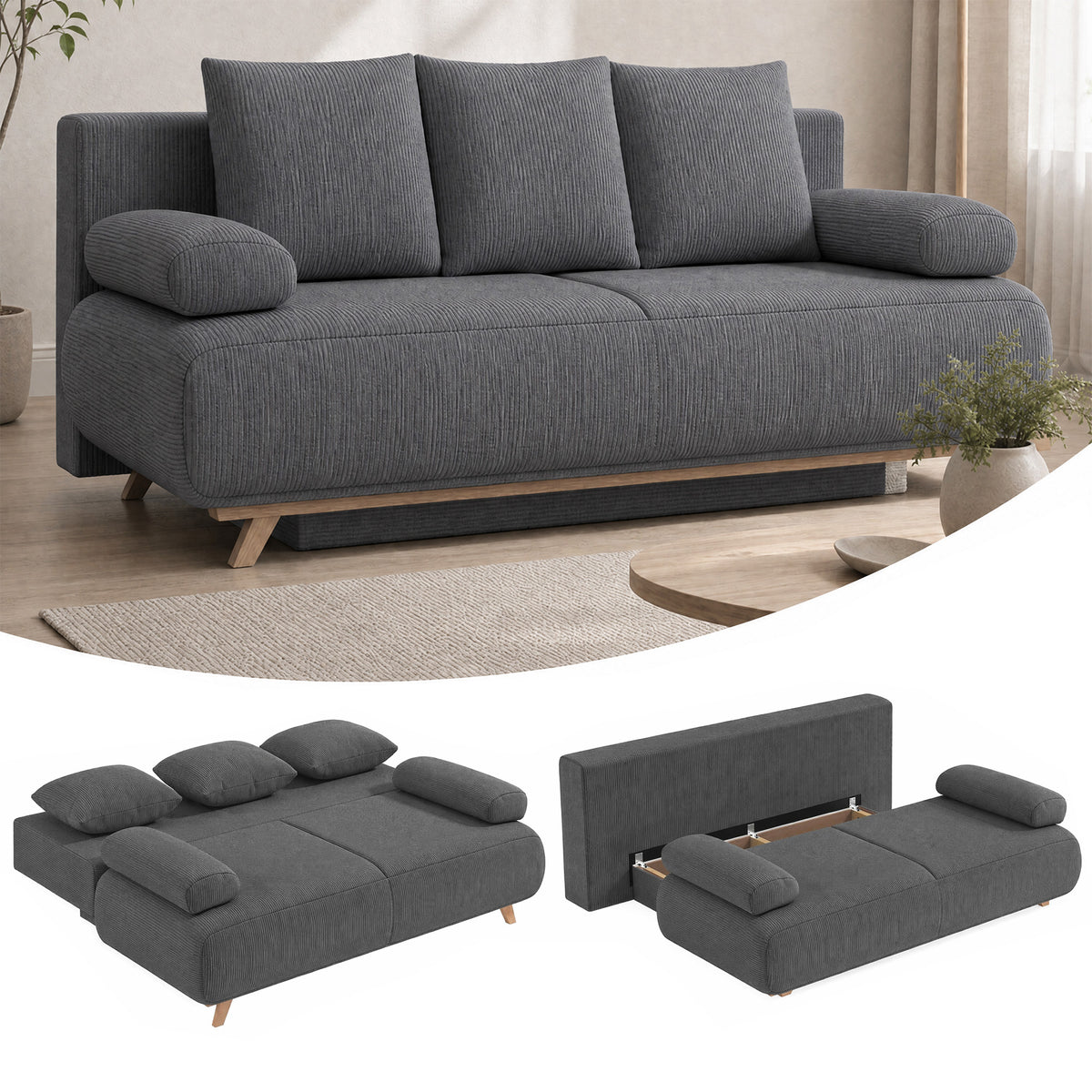 Schlafsofa mit verstellbarer Rückenlehne, Bettfunktion, verstecktem Stauraum und Cordbezug, Grau