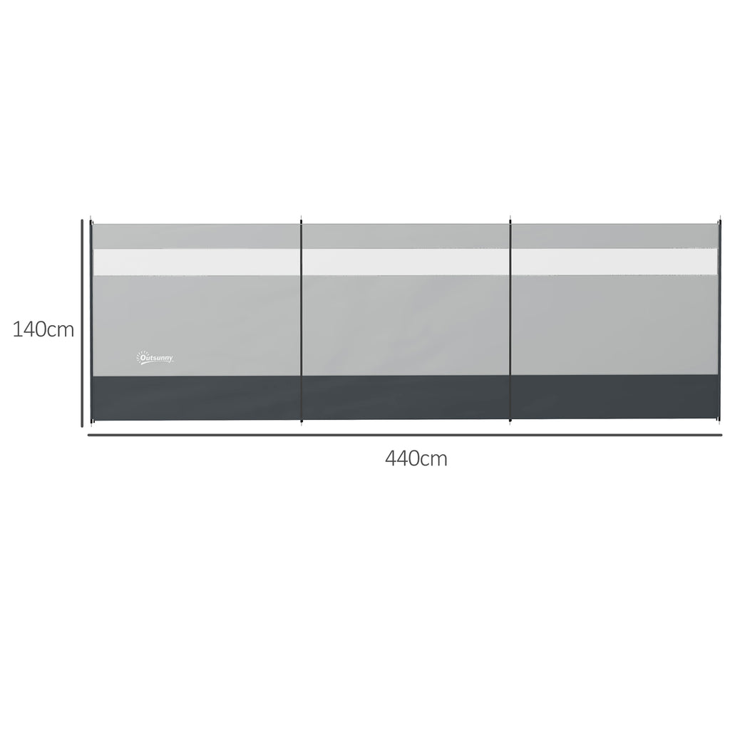 Camping Windbreaker with Clear Windows, Carry Bag and Steel Poles, for Beach Caravan Campervan, 440 x 140cm, Grey