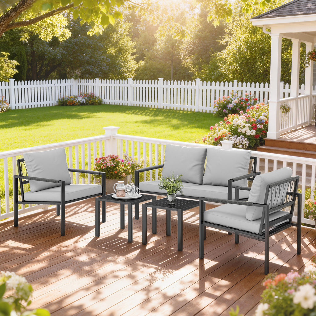 5 Piece Metal Garden Furniture Sofa Set with Thickened Cushions, Loveseat, 2 Armchairs, 2 Coffee Tables, Light Grey