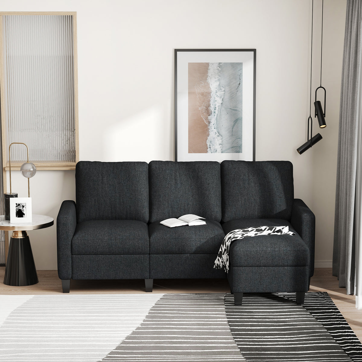 Ecksofa, Couchgarnitur, mit wendbarer Chaiselongue, 197 x 139 x 91cm, dunkelgrau