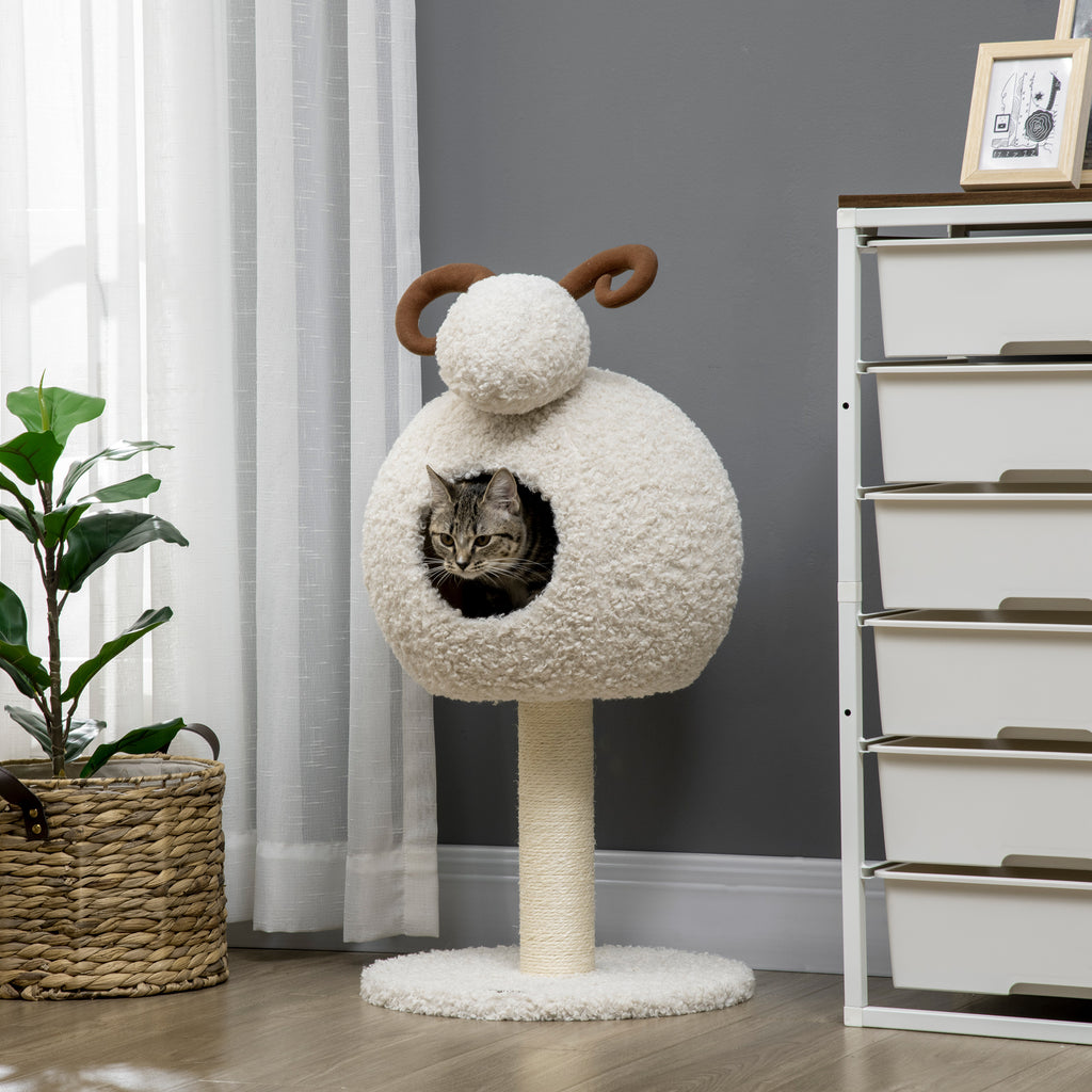 Kratzbaum für Katzen, Schafdesign inkl. Katzenhöhle u. Kratzstamm, waschbares Kissen, Cremeweiß + Braun