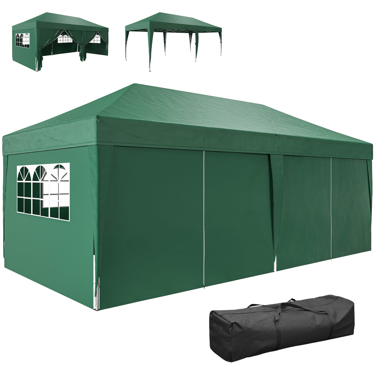 3 x 6m Pop-Up Gazebo, with Curtain Walls and Windows - Dark Green
