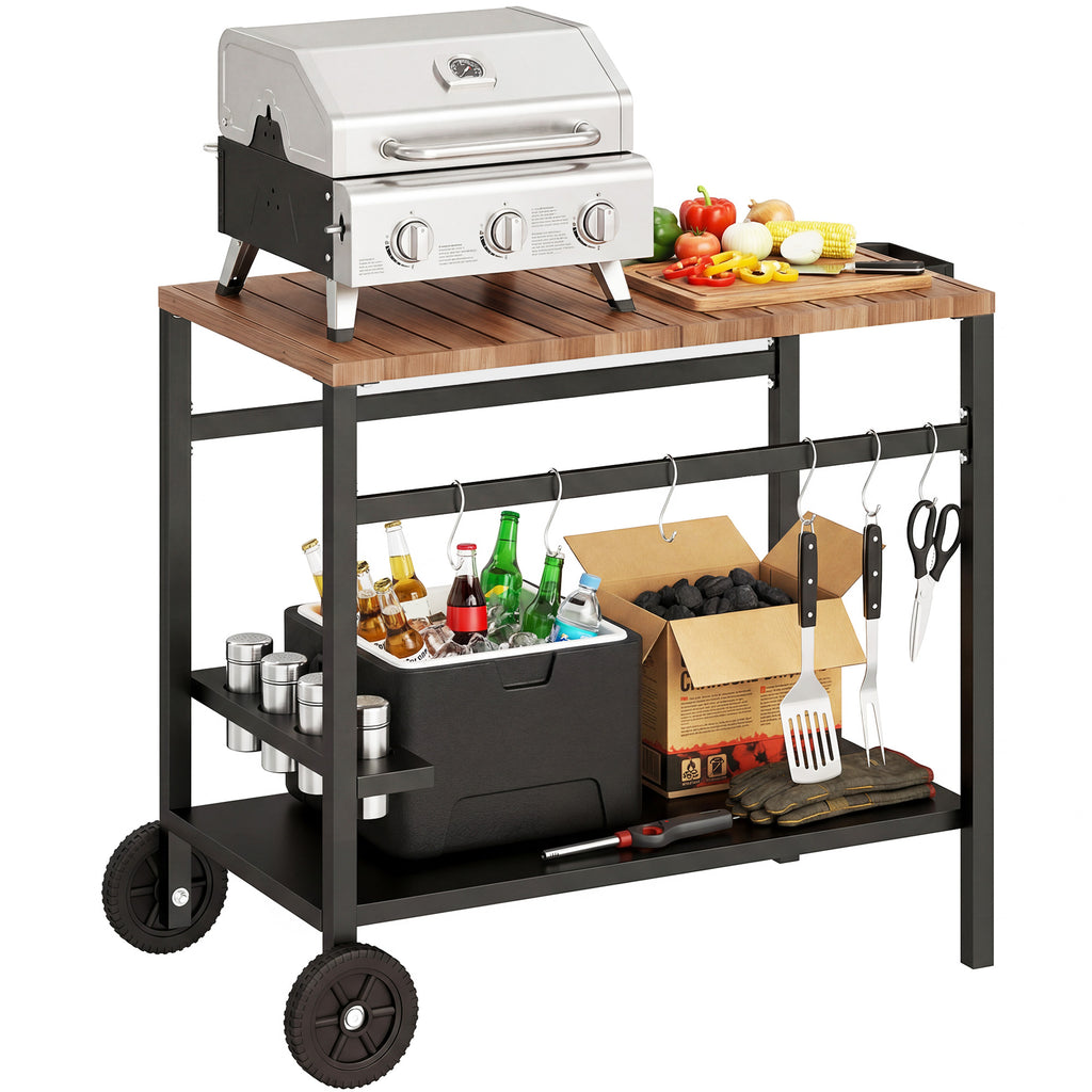 Küchenwagen mit Rollen, Servierwagen, Rollwagen mit Haken, Getränkehalter, Metall, 97 x 51 x 83 cm Schwarz+Braun