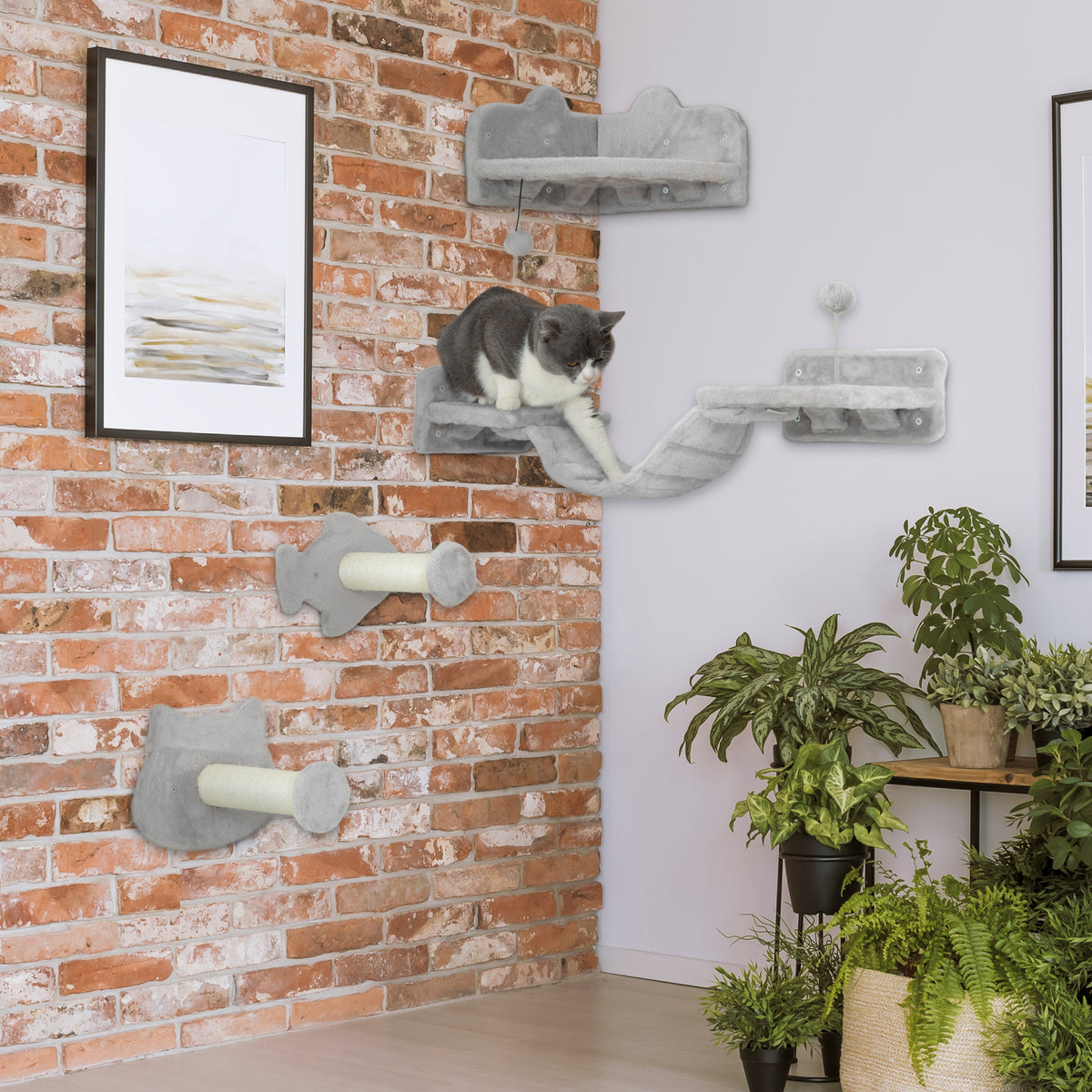 4-Piece Cat Wall Shelves with Steps, Ladder, Jumping Platforms, Light Grey
