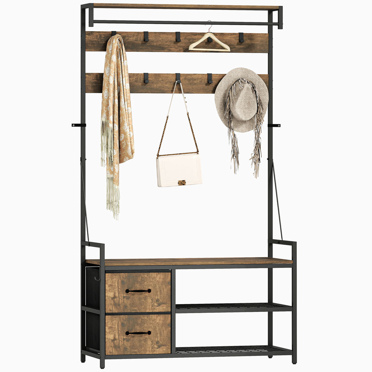 6-in-1 Garderobenständer mit Schuhregal, Industrie-Stil, 10 Haken, 2 Stoffschubladen, Metall, Braun