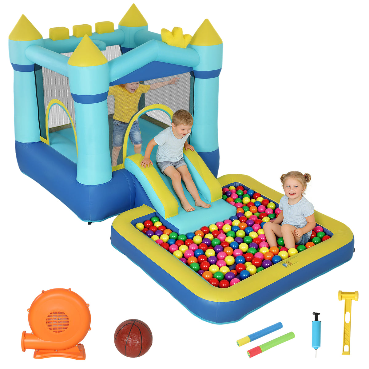 Hüpfburg Aufblasbar Spielcenter mit Gebläse Rutsche Trampolin Planschbecken/Bällebad Wasserpistole 364x173x182 cm Blau