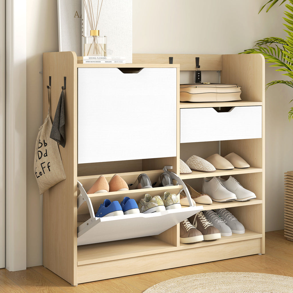 Schuhregal f¨¹r Flur, Schuhschrank mit Kippschubladen, offenen Regalen, 4 Haken, f¨¹r bis zu 14 Paar Schuhe, Natur