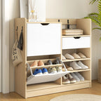 Schuhregal f¨¹r Flur, Schuhschrank mit Kippschubladen, offenen Regalen, 4 Haken, f¨¹r bis zu 14 Paar Schuhe, Natur