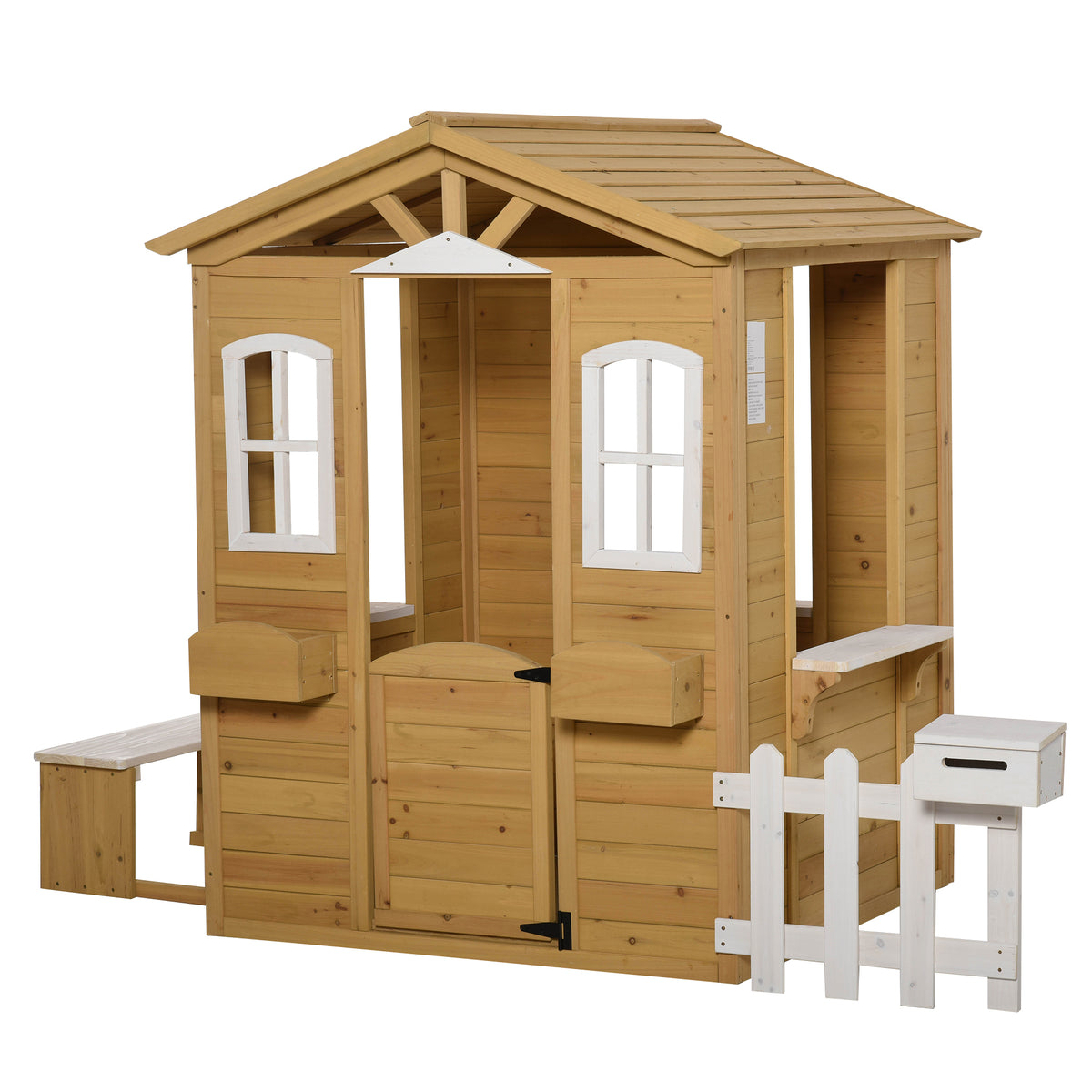 Kinderspielhaus aus Holz Spielhaus Outdoor mit T¨¹r, Fenster und Pflanzkasten Briefkasten Bank f¨¹r Kinder 3-6 Jahre