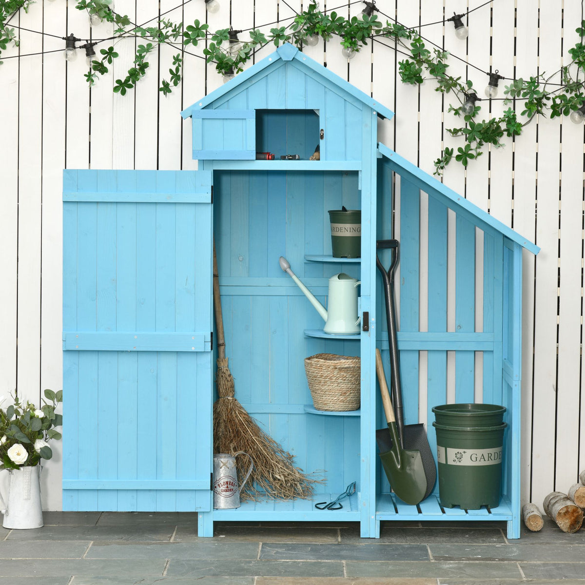 Wooden Shed, Garden Storage Cabinet with Log Store, Waterproof Asphalt Roof and Lockable Door, Narrow Tool Organizer, 130 x 55 x 180 cm