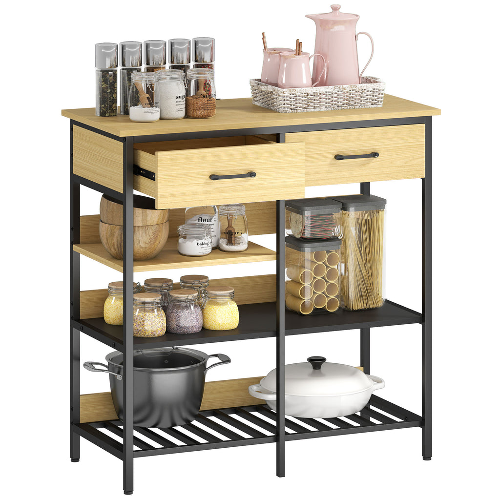 Sideboard, Kommode mit 2 Schubladen, 3 offenen Regalen Küchenschrankfür Küche, Wohnzimmer 90 x 40 x 91 cm, Naturholz