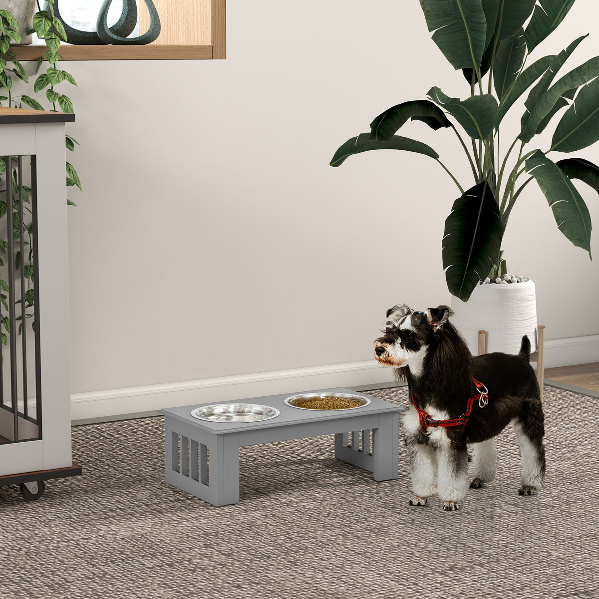 Raised Dog Feeding Bowls with Stand, Stainless Steel for Extra Small and Small Dog, 44L x 24W x 15H cm - Grey