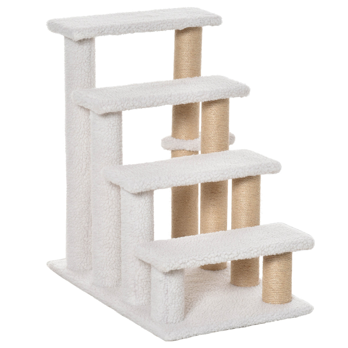 Pet Stair with 4-step Climb Ladder, Scratching Posts, Platforms, Toy Ball, for Indoor Elderly Cats Kittens, White