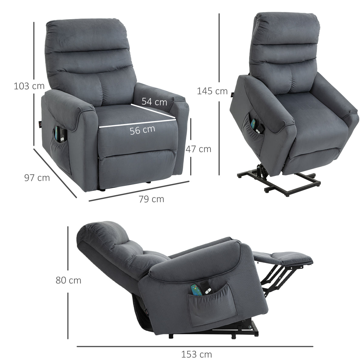 Fernsehsessel mit Aufstehhilfe Elektrisch, Massagesessel mit Liegefunktion und W?rmefunktion, Relaxsessel mit Fernbedienung und Seitentasche Verstellbar Polyester-Gewebe Dunkelgrau