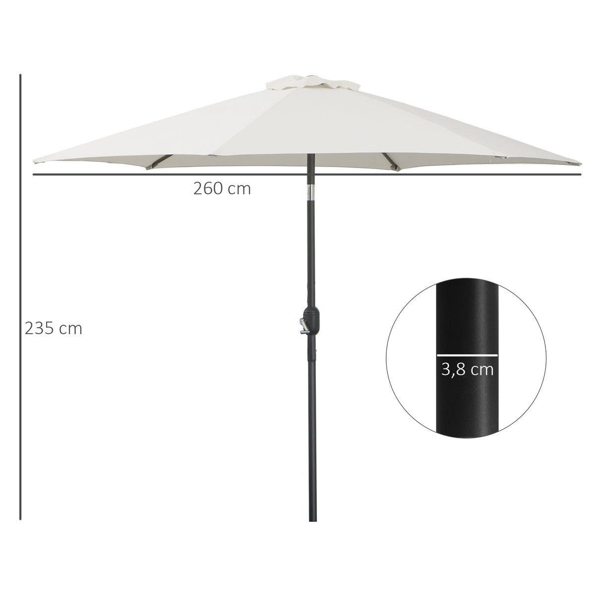  2.6M Garden Parasol Umbrella with Tilt and Crank, Outdoor Sun Parasol Sunshade Shelter with Aluminium Frame, Grey