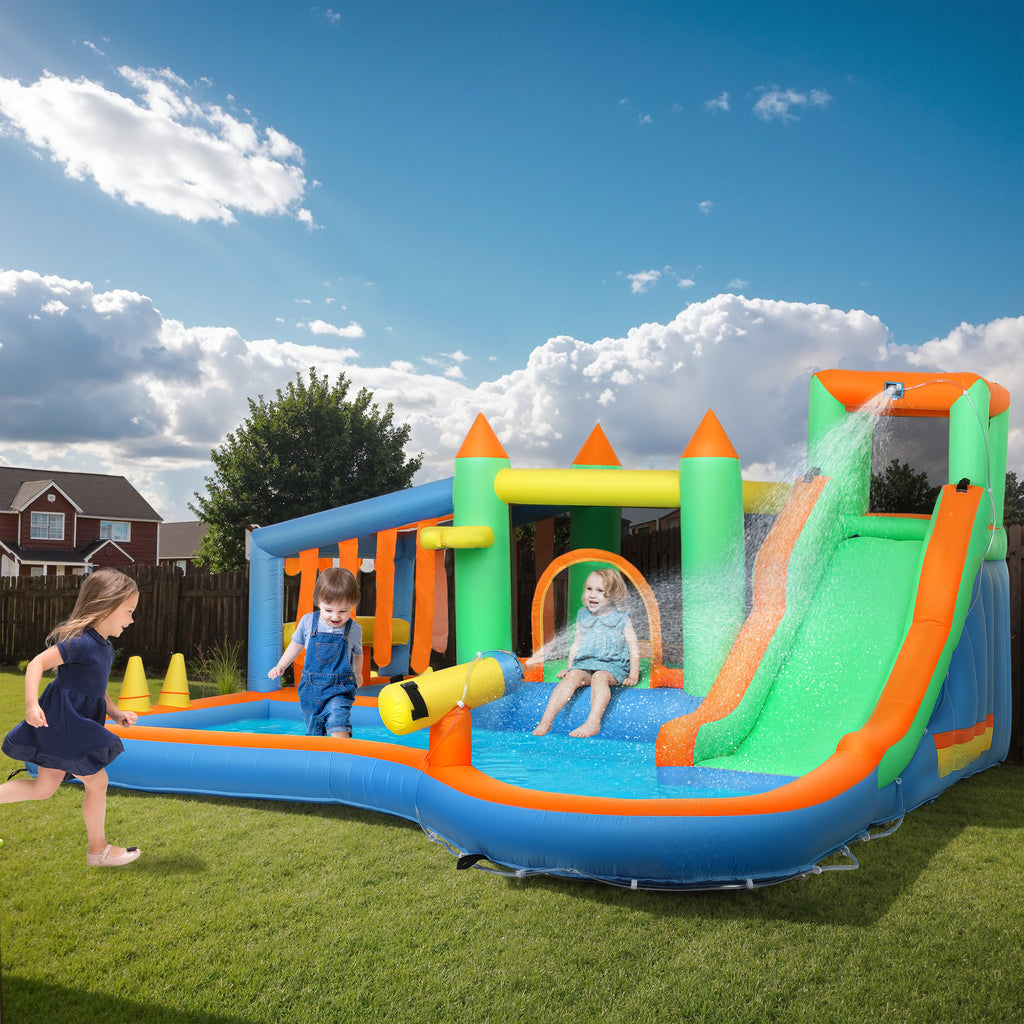 Hüpfburg für Kinder, mit Wasserrutsche, Planschbecken, Kletterwand, für drinnen und draußen, 360 x 315 x 195 cm, Bunt
