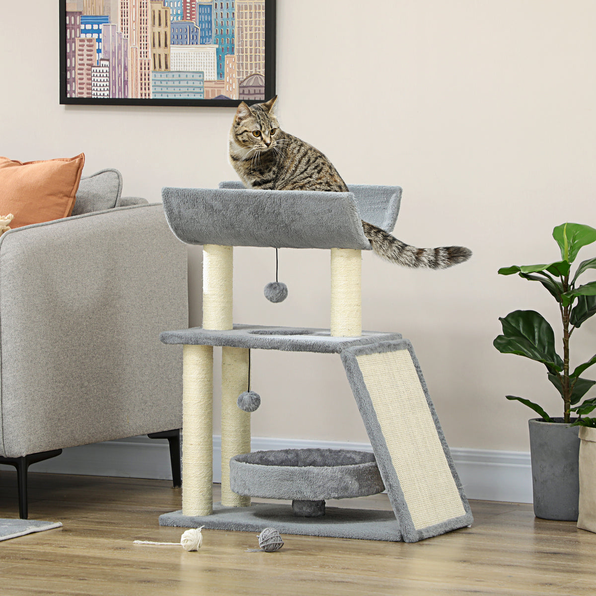 Cat Tree Tower, with Scratching Posts, Pad, Bed, Perch, Toy Ball - Light Grey