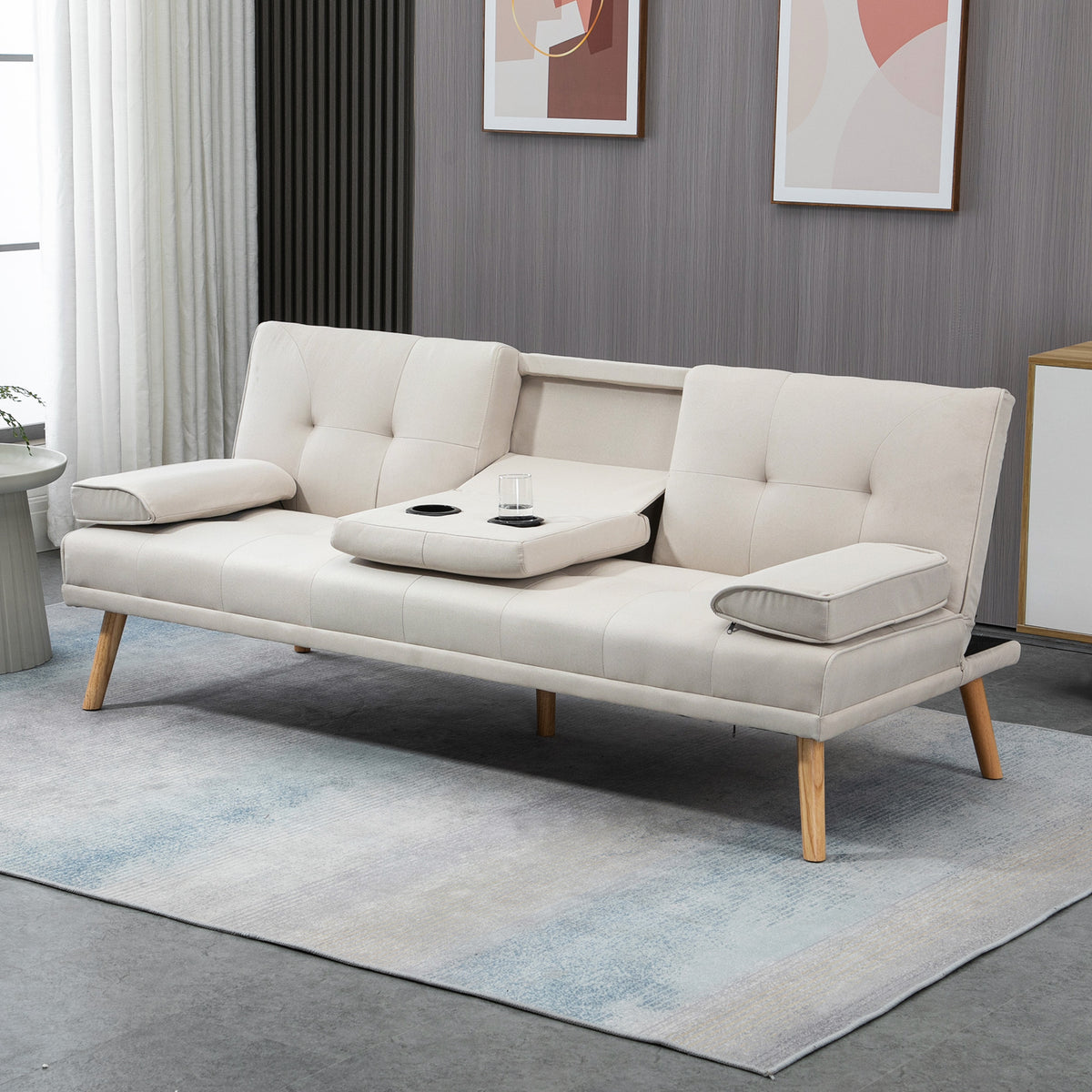 Schlafsofa 3-Sitzer, neigbare R¨¹ckenlehne mit Klapptisch, zwei Armpolster, Leinenoptik, beige, 181 x 77 x 78 cm