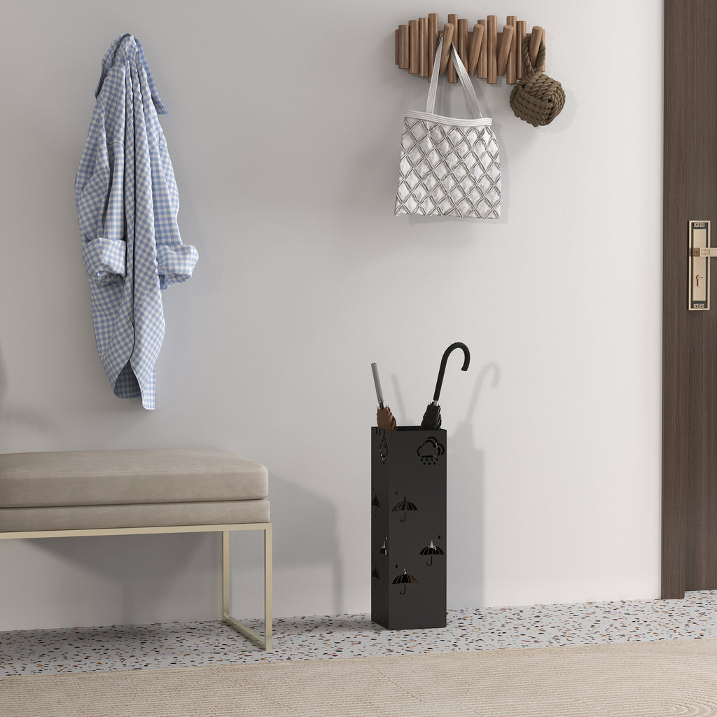Schirmständer aus Metall, 4 Haken, Wolken- und Schirmmuster, Tropfblech, Schwarz