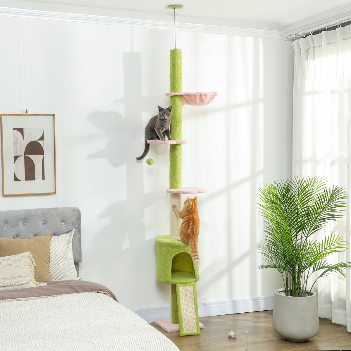 220-240 cm Floor to Ceiling Cat Tree Adjustable Height with Hammock, Condo, Scratching Posts, Green