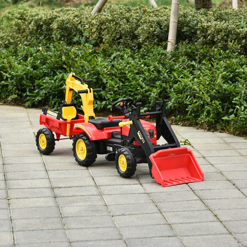 Trettraktor mit Anhänger, Frontlader, verstellbarer Schaufel, Traktor Tretfahrzeug für Kinder ab 3 Jahren Rot