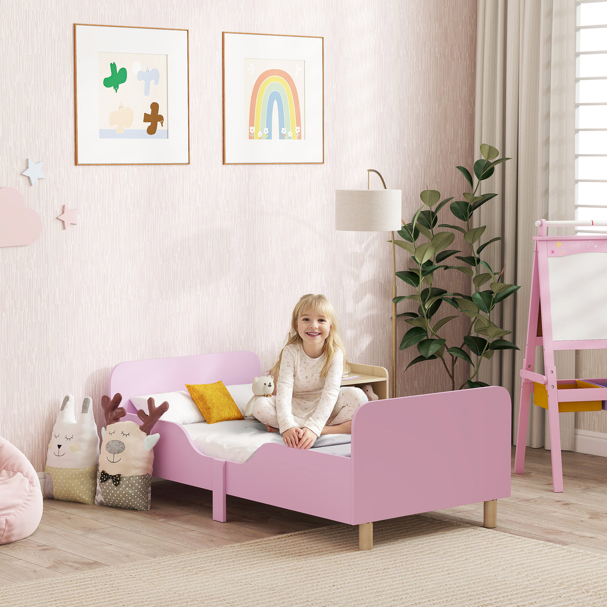 Kinderbettgestell, Einzelbettrahmen f¨¹r Kinder, Schutzgitter, kleines Bett f¨¹r Kinderzimmer, MDF, ohne Matratze, Rosa