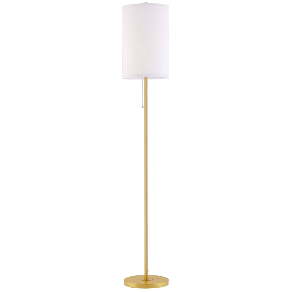 Stehlampe, Elegante Stehleuchte aus Stahl mit Stoffschirm, Wohnzimmerlampe, Zugkettenschalter, Gold+Weiß
