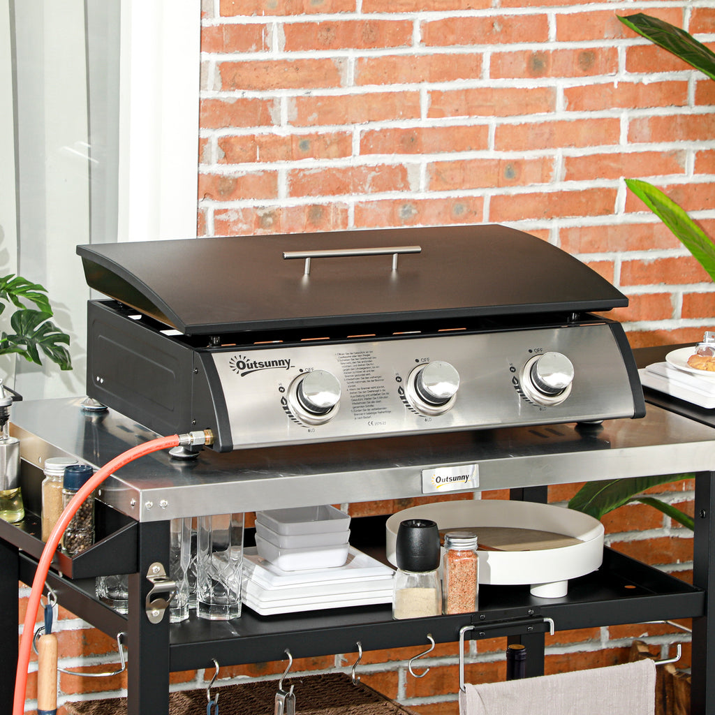 Gasgrill mit Deckel, 3 Brennern, Fettauffangschale, antihaft-Platte, 63x47x25 cm, Schwarz/Silber