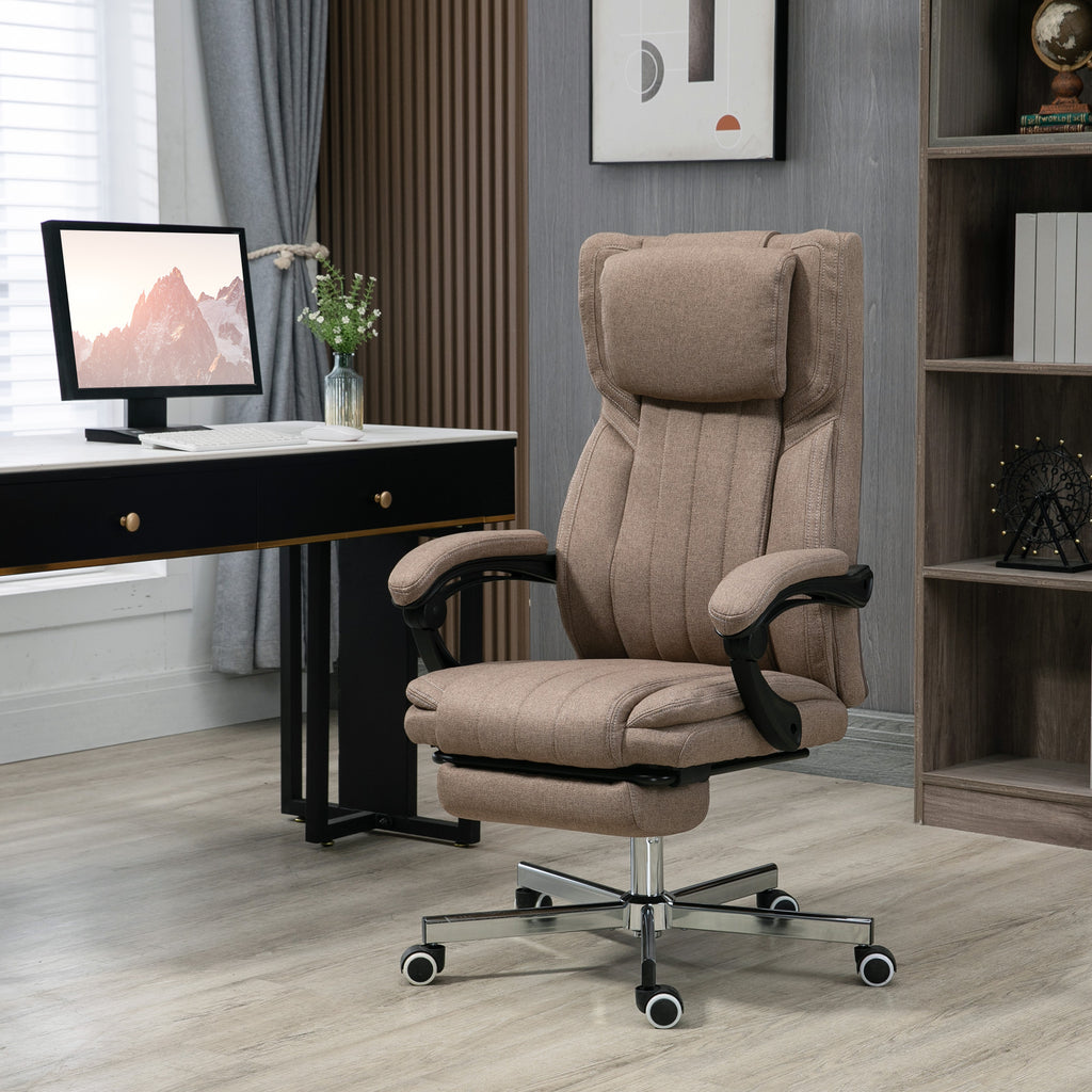 B¨¹rostuhl mit Massagefunktion, neigbare R¨¹cklehne, ausziehbare Fu?st¨¹tze, Leinenoptik, 65 x 61 x 118 cm, Braun