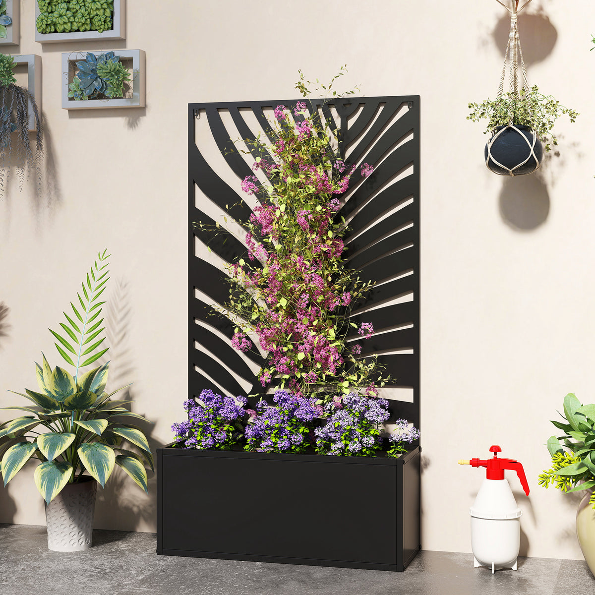 Metal Garden Bed for Garden with Trellis, Wall Mounted or Freestanding Raised Planter with Privacy Screen