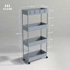 K¨¹chenwagen mit 4 Regalen, 4 flexiblen Haken, 4 Rollen, 40 cm x 19 cm x 90 cm, Nischenwagen, Grau