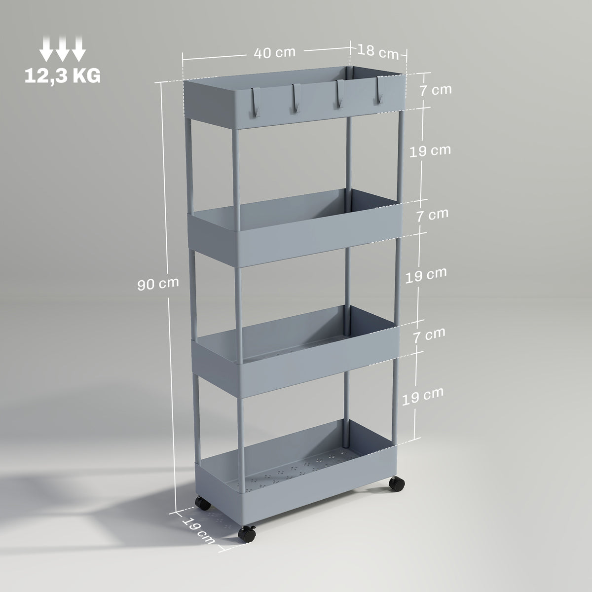 K¨¹chenwagen mit 4 Regalen, 4 flexiblen Haken, 4 Rollen, 40 cm x 19 cm x 90 cm, Nischenwagen, Grau
