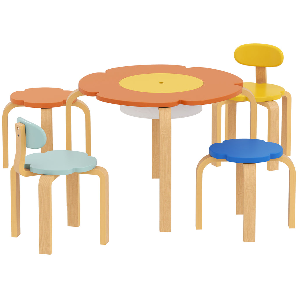 5-teiliges Kindertisch- und Stuhl-Set, mit Aufbewahrungstasche, Blumenform, für Spielzimmer, Kinderzimmer, Holz, Bunt