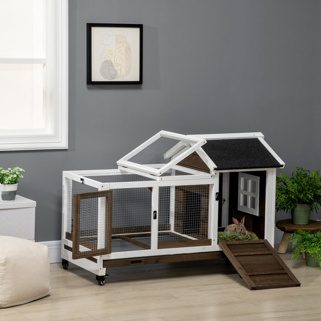 Wooden Rabbit Hutch, Guinea Pig Cage, with Removable Tray, Wheels - Brown
