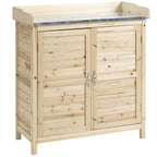 Gartenschrank mit 2 Fächern, Metall-Arbeitsplatte mit Aufkantung, Naturholz, 83 x 40 x 92 cm